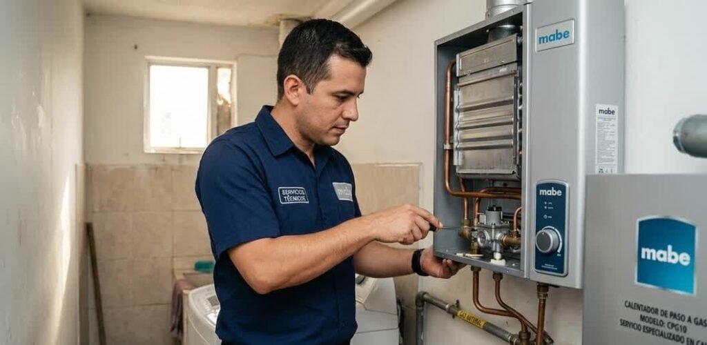 Técnico experto realizando el mantenimiento de calentadores Mabe en Cali de forma profesional.