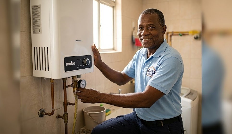 Especialista calificado en el mantenimiento de calentadores Mabe en Cali durante una inspección de presión.