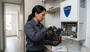 Técnica especializada realizando la reparación de calentador en Valle del Lili Cali para un equipo Ariston en un entorno residencial moderno.