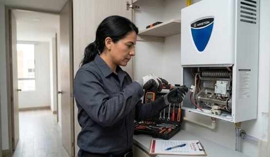 Técnica especializada realizando la reparación de calentador en Valle del Lili Cali para un equipo Ariston en un entorno residencial moderno.