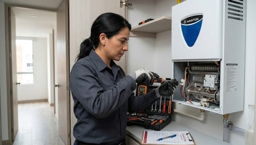 Técnica especializada realizando la reparación de calentador en Valle del Lili Cali para un equipo Ariston en un entorno residencial moderno.