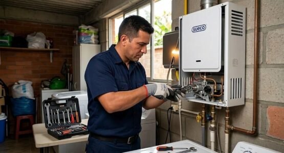 Técnico experto realizando la reparación de calentadores en Pance para la marca Sueco con herramientas profesionales.