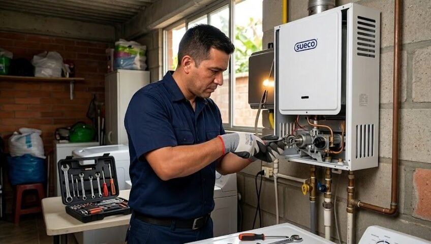 Técnico experto realizando la reparación de calentadores en Pance para la marca Sueco con herramientas profesionales.