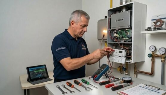 Técnico especializado realizando el servicio técnico de calentadores en Bochalema para un equipo Bosch, garantizando un mantenimiento seguro y eficiente en Cali.