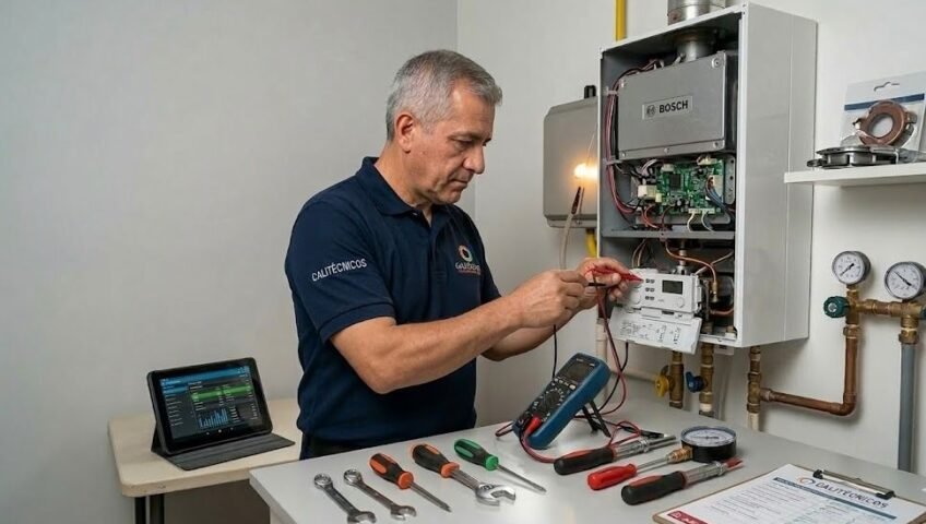 Técnico especializado realizando el servicio técnico de calentadores en Bochalema para un equipo Bosch, garantizando un mantenimiento seguro y eficiente en Cali.