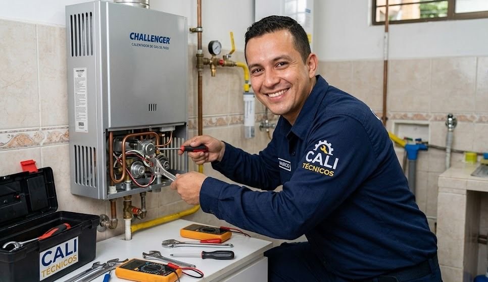 Técnico experto realizando la reparación de calentadores Challenger en Cali con herramientas de precisión.