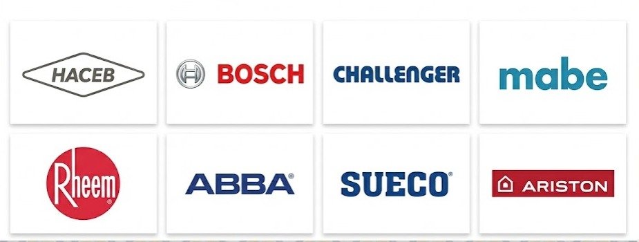 Logos de marcas Haceb, Bosch, Challenger, Mabe, Rheem, Abba, Sueco y Ariston para servicio técnico de calentadores en Cali.
