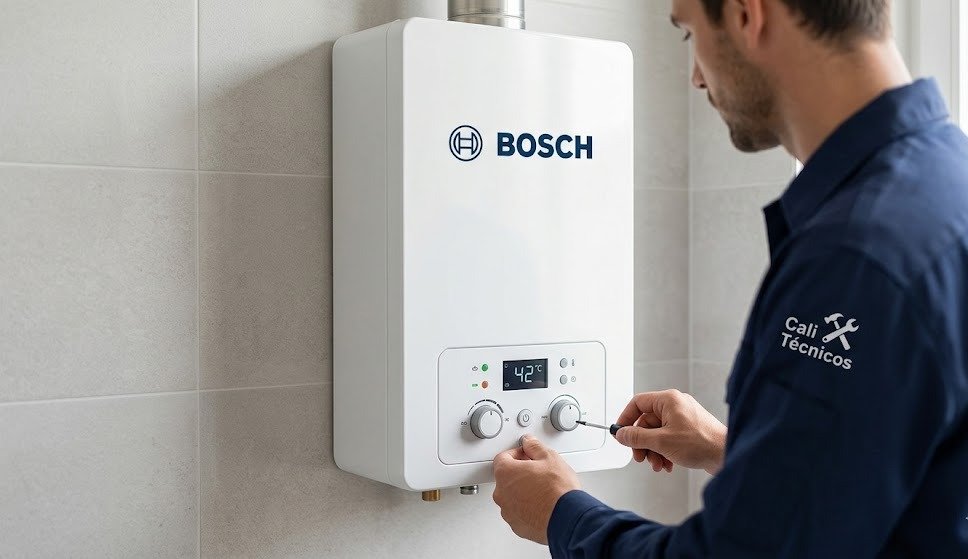 Detalle técnico durante el mantenimiento de calentadores Bosch en Cali para ajustar la temperatura del agua.