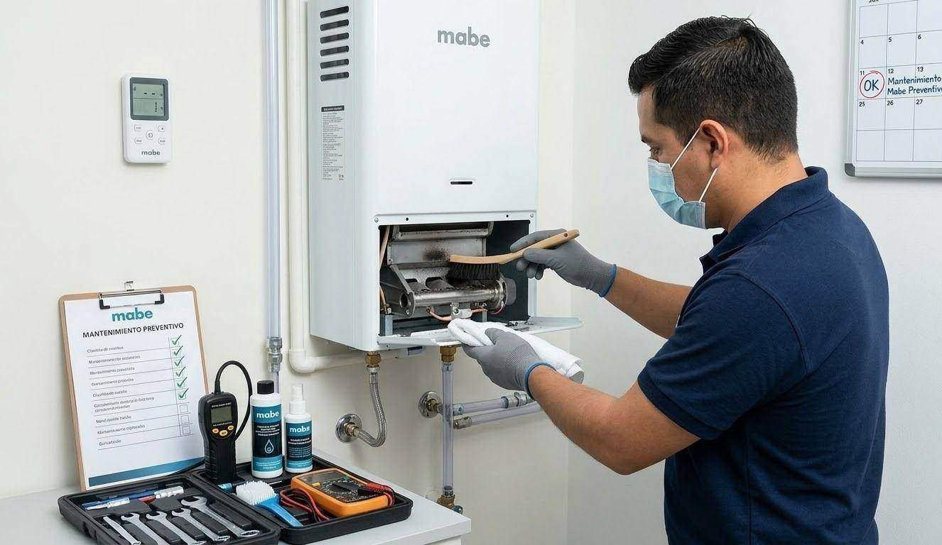 Técnico certificado realizando el mantenimiento de calentadores en Ciudad Jardín para un equipo marca Mabe.