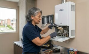 Técnico realiza mantenimiento preventivo y limpieza técnica de un calentador a gas en Cali.