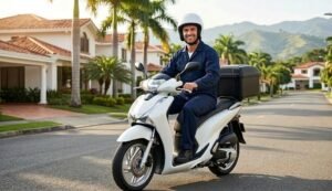 Técnico de Calitécnicos en motocicleta para servicio de mantenimiento y reparación de calentadores a domicilio en Cali.