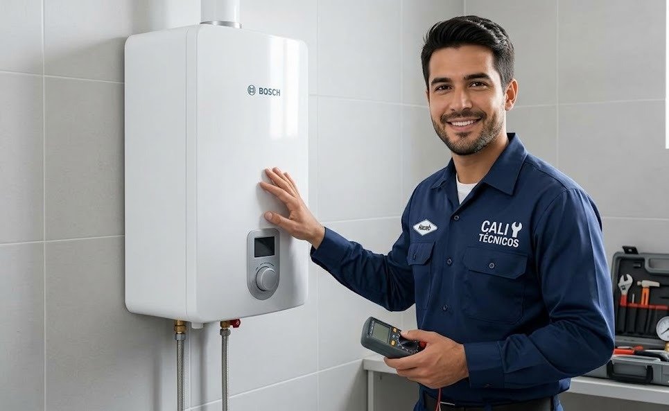 Técnico de Cali Técnicos explicando el mantenimiento de calentadores Bosch en Cali a un cliente.