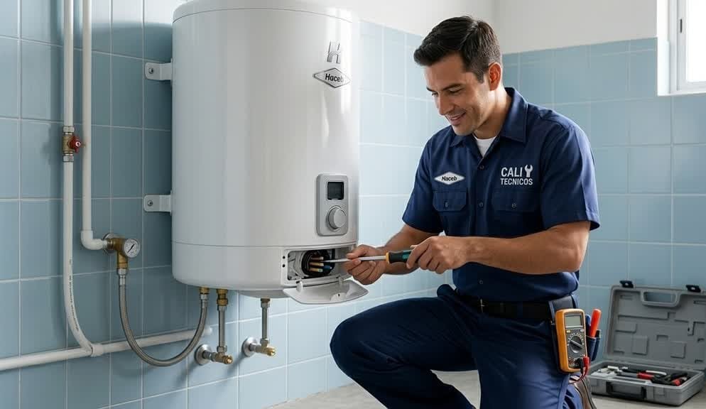 Técnico certificado realizando la reparación de calentadores Haceb en Cali para garantizar la seguridad de su familia.