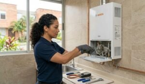 Técnico realiza el reparación y mantenimiento técnico de un calentador Bosch en Cali, incluyendo limpieza y calibración.