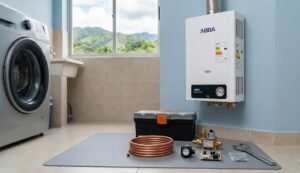 Un técnico sostiene repuestos originales para la reparación de un calentador a gas en Cali.