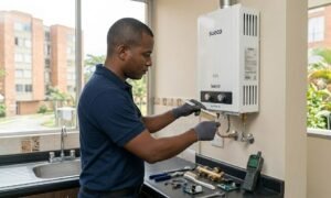 Un técnico verifica la hermeticidad durante la revisión de fugas en un calentador Sueco en Cali.