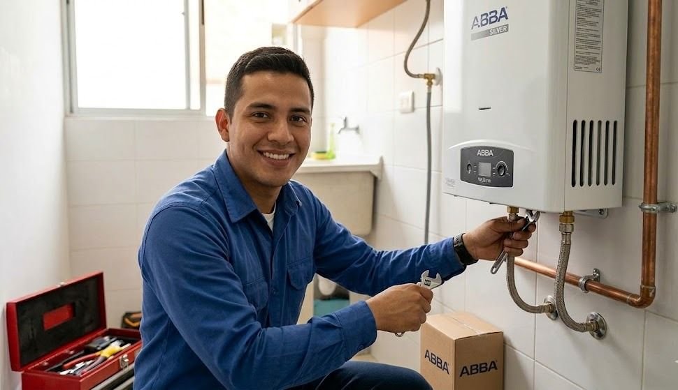 Técnico experto realizando la reparación de calentadores ABBA en Cali.